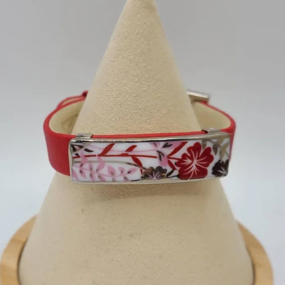 Bernaraud Limoges Porcelain Red Floral Red Leather Bracelet NWOT!